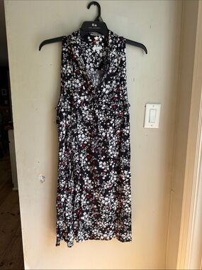 J. Jill Black Sleeveless Midi Dress with White and Red Floral Print